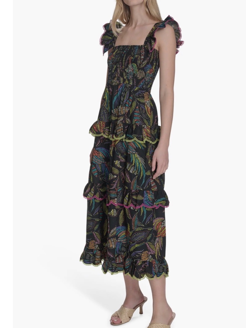 Vince Camuto Black Floral Ruffle-Trim Cotton Dress